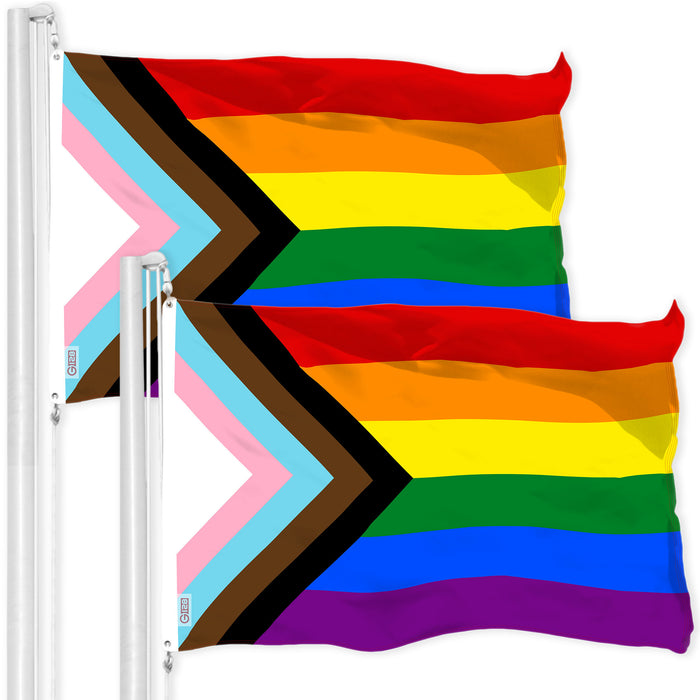 G128 2 Pack: LGBT Progress Rainbow Pride Flag | 3x5 Ft | LiteWeave Pro Series Printed 150D Polyester | Indoor/Outdoor, Vibrant Colors, Brass Grommets, Thicker and More Durable Than 100D 75D Polyester