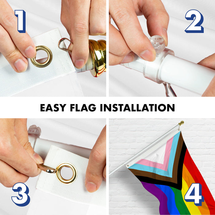 G128 Combo Pack: 6 Ft Tangle Free Aluminum Spinning Flagpole (White) & LGBT Progress Rainbow Pride Flag 3x5 Ft, LiteWeave Pro Series Printed 150D Polyester | Pole with Flag Included