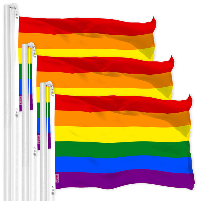 G128 3 Pack: LGBT Rainbow Pride Flag | 3x5 Ft | LiteWeave Pro Series Printed 150D Polyester | Indoor/Outdoor, Vibrant Colors, Brass Grommets, Thicker and More Durable Than 100D 75D Polyester