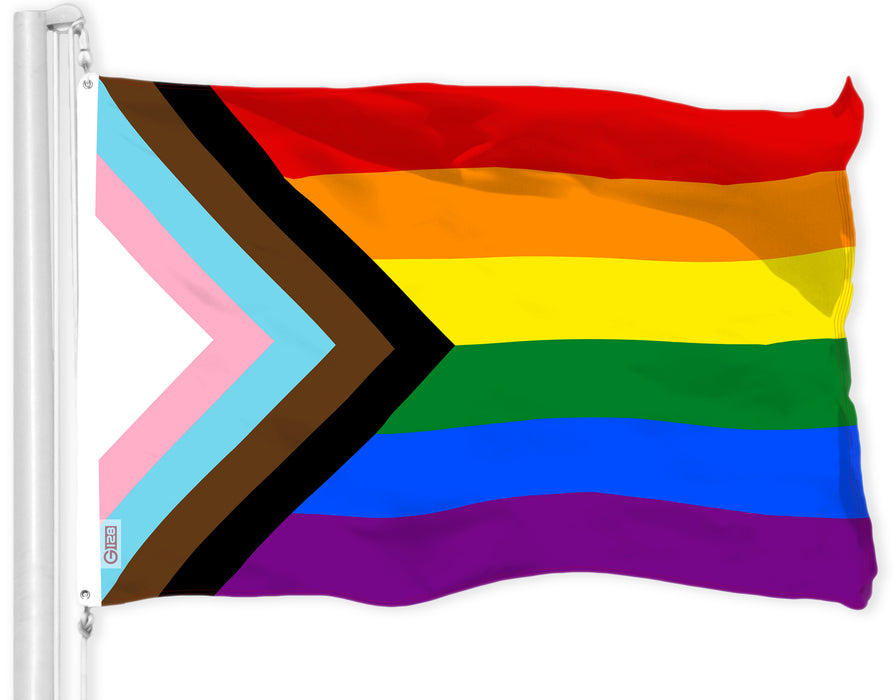 G128 LGBT Progress Rainbow Pride Flag | 3x5 Ft | LiteWeave Pro Series Printed 150D Polyester | Indoor/Outdoor, Vibrant Colors, Brass Grommets, Thicker and More Durable Than 100D 75D Polyester