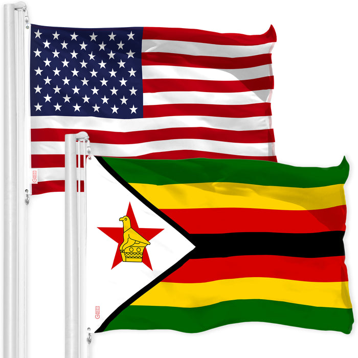 G128 Combo Pack: American USA Flag 3x5 Ft & Zimbabwe Zimbabwean Flag 3x5 Ft | Both LiteWeave Pro Series Printed 150D Polyester, Brass Grommets