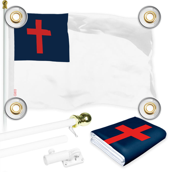 G128 Combo Pack: 6 Ft Tangle Free Aluminum Spinning Flagpole (White) & Christian Flag 3x5 Ft, LiteWeave Pro Series Printed 150D Polyester, 4 Corner Brass Grommets | Pole with Flag Included