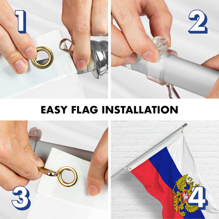G128 Combo Pack: 6 Ft Tangle Free Aluminum Spinning Flagpole (Silver) & Russia Russian Ensign Flag 3x5 Ft, LiteWeave Pro Series Printed 150D Polyester | Pole with Flag Included