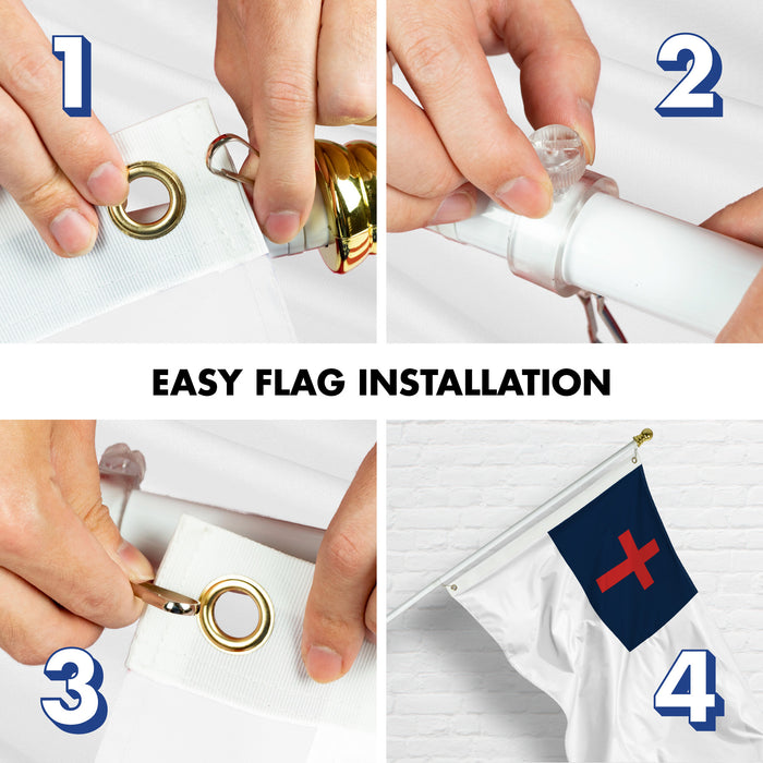 G128 Combo Pack: 6 Ft Tangle Free Aluminum Spinning Flagpole (White) & Christian Flag 3x5 Ft, LiteWeave Pro Series Printed 150D Polyester, 4 Corner Brass Grommets | Pole with Flag Included