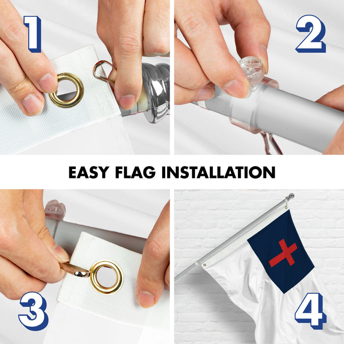 G128 Combo Pack: 6 Ft Tangle Free Aluminum Spinning Flagpole (Silver) & Christian Flag 3x5 Ft, LiteWeave Pro Series Printed 150D Polyester, 4 Corner Brass Grommets | Pole with Flag Included
