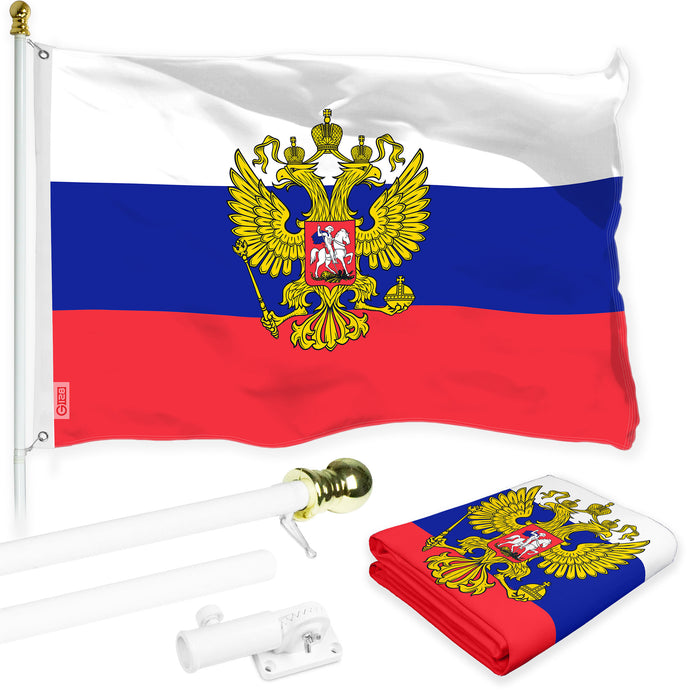 G128 Combo Pack: 6 Ft Tangle Free Aluminum Spinning Flagpole (White) & Russia Russian Ensign Flag 3x5 Ft, LiteWeave Pro Series Printed 150D Polyester | Pole with Flag Included