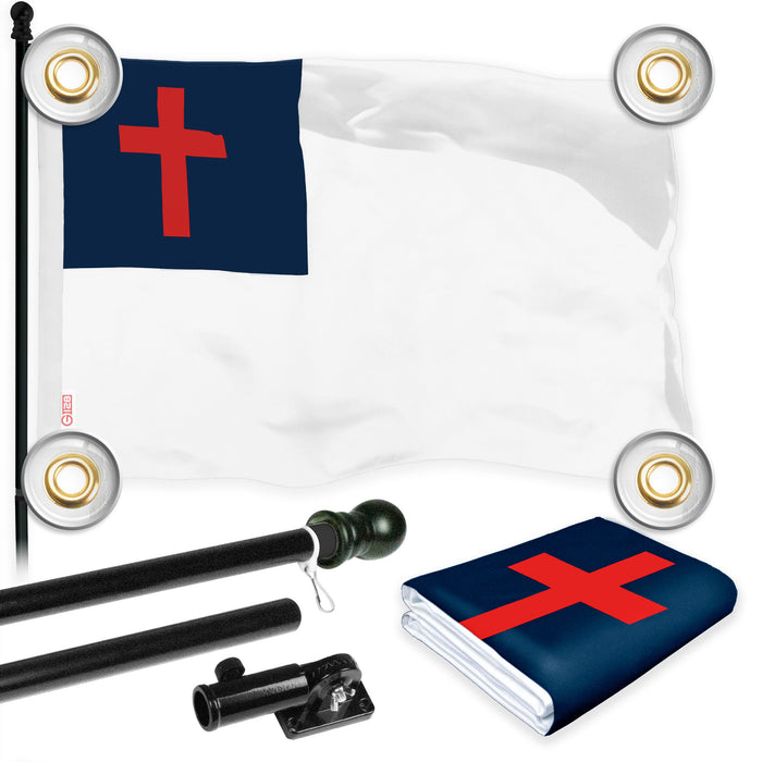G128 Combo Pack: 6 Ft Tangle Free Aluminum Spinning Flagpole (Black) & Christian Flag 3x5 Ft, LiteWeave Pro Series Printed 150D Polyester, 4 Corner Brass Grommets | Pole with Flag Included