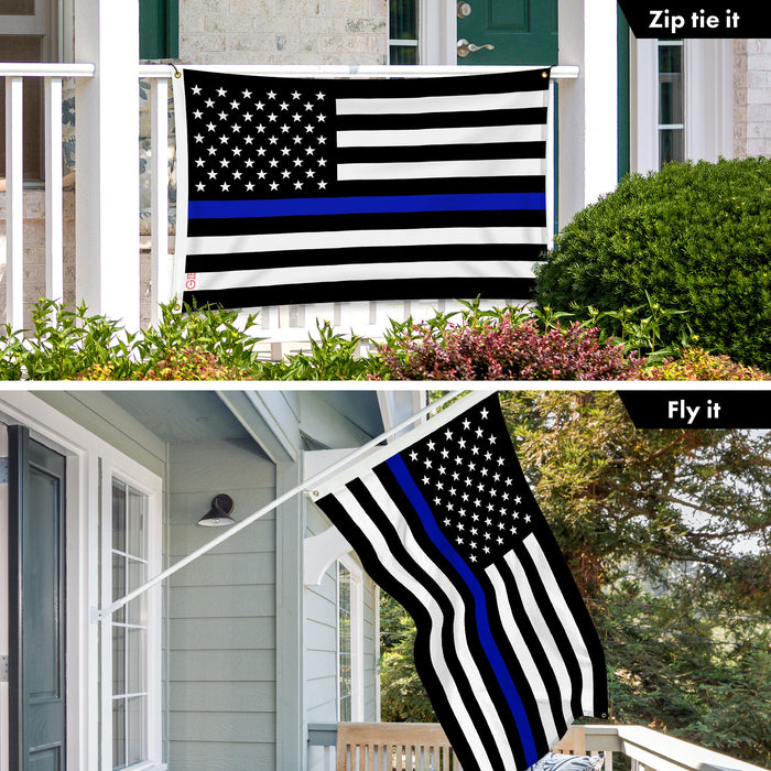 G128 Combo Pack: 6 Ft Tangle Free Aluminum Spinning Flagpole (Silver) & Thin Blue Line Flag 3x5 Ft, LiteWeave Pro Series Printed 150D Polyester, 4 Corner Brass Grommets | Pole with Flag Included
