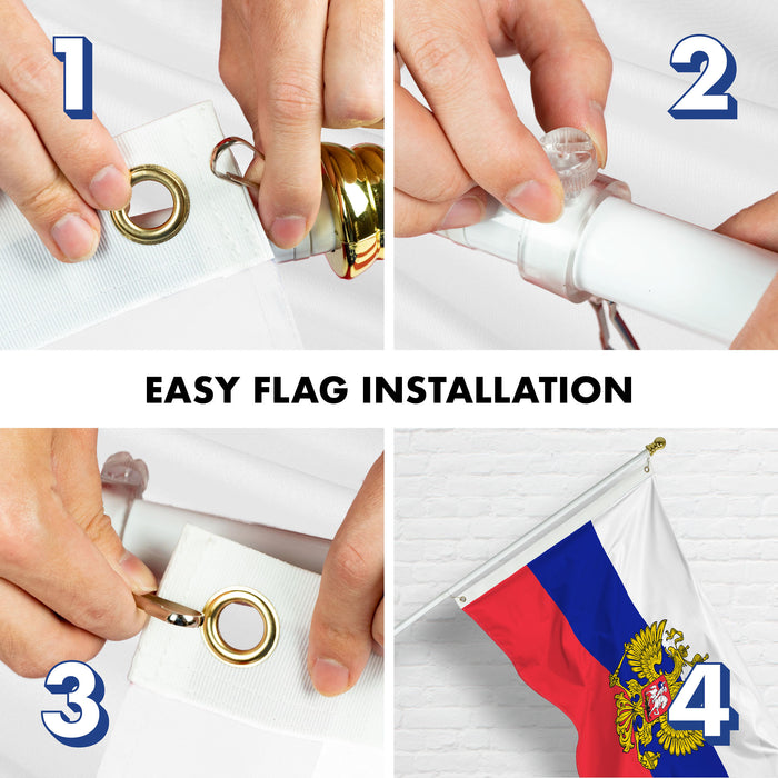 G128 Combo Pack: 6 Ft Tangle Free Aluminum Spinning Flagpole (White) & Russia Russian Ensign Flag 3x5 Ft, LiteWeave Pro Series Printed 150D Polyester | Pole with Flag Included