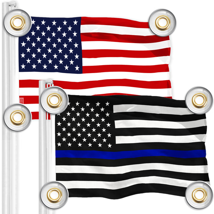 G128 Combo Pack: American USA Flag 3x5 Ft & Thin Blue Line Flag 3x5 Ft | Both LiteWeave Pro Series Printed 150D Polyester, 4 Corner Brass Grommets, Perfect For Balcony/Wall