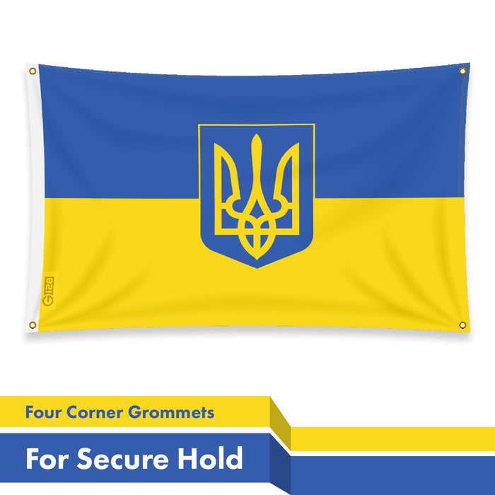 G128 5 Pack: Ukraine Ukrainian Coat of Arms Flag | 3x5 ft | LiteWeave Pro Series Printed 150D POLYESTER, 4 Corner Brass Grommets | Country Flag