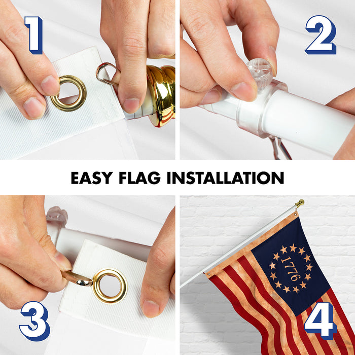 G128 Combo Pack: 6 Ft Tangle Free Aluminum Spinning Flagpole (White) & Betsy Ross 1776 Tea-Stained Flag 3x5 Ft, LiteWeave Pro Series Printed 300D Polyester | Pole with Flag Included