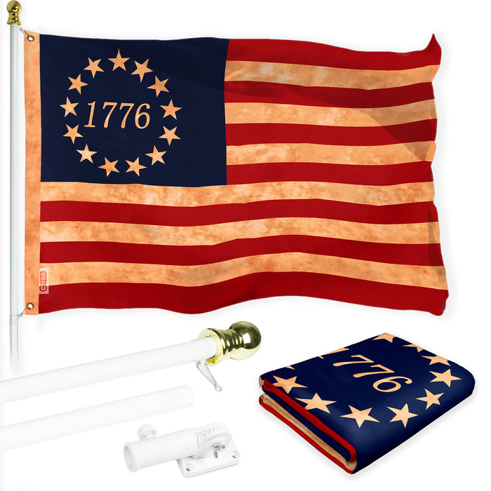 G128 Combo Pack: 6 Ft Tangle Free Aluminum Spinning Flagpole (White) & Betsy Ross 1776 Tea-Stained Flag 3x5 Ft, LiteWeave Pro Series Printed 300D Polyester | Pole with Flag Included