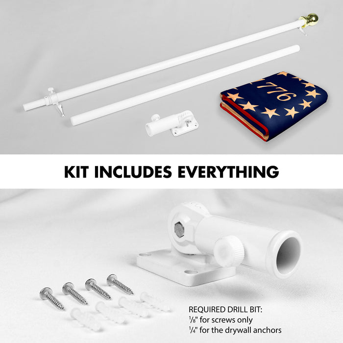 G128 Combo Pack: 6 Ft Tangle Free Aluminum Spinning Flagpole (White) & Betsy Ross 1776 Tea-Stained Flag 3x5 Ft, LiteWeave Pro Series Printed 300D Polyester | Pole with Flag Included