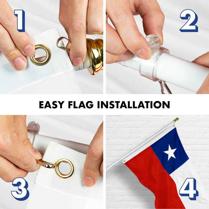 G128 Combo Pack: 6 Ft Tangle Free Aluminum Spinning Flagpole (White) & Chile Chilean Flag 3x5 Ft, ToughWeave Series Embroidered 300D Polyester | Pole with Flag Included