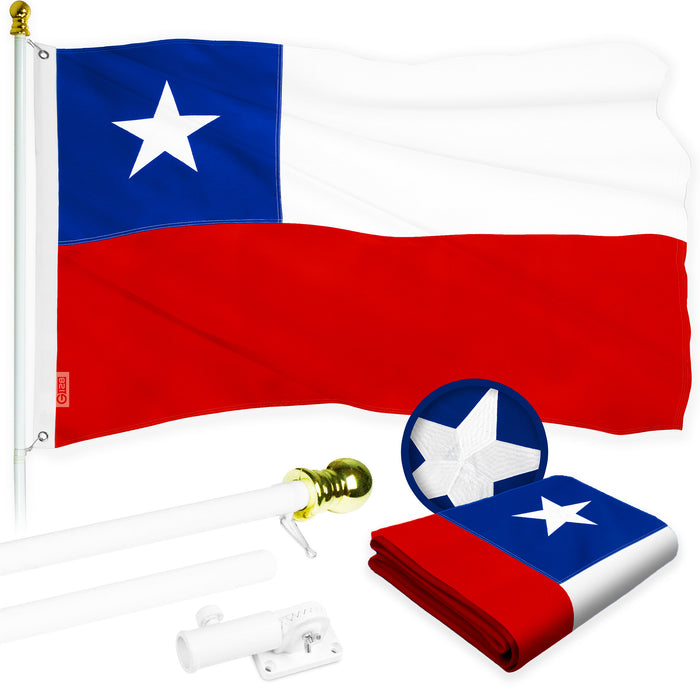 G128 Combo Pack: 6 Ft Tangle Free Aluminum Spinning Flagpole (White) & Chile Chilean Flag 3x5 Ft, ToughWeave Series Embroidered 300D Polyester | Pole with Flag Included