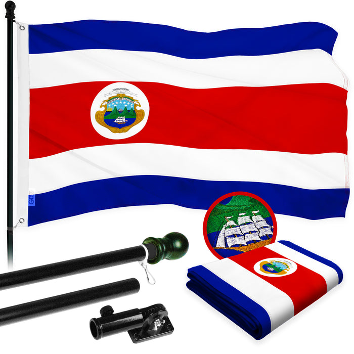 G128 Combo Pack: 6 Ft Tangle Free Aluminum Spinning Flagpole (Black) & Costa Rica Costa Rican Flag 3x5 Ft, ToughWeave Series Embroidered 300D Polyester | Pole with Flag Included