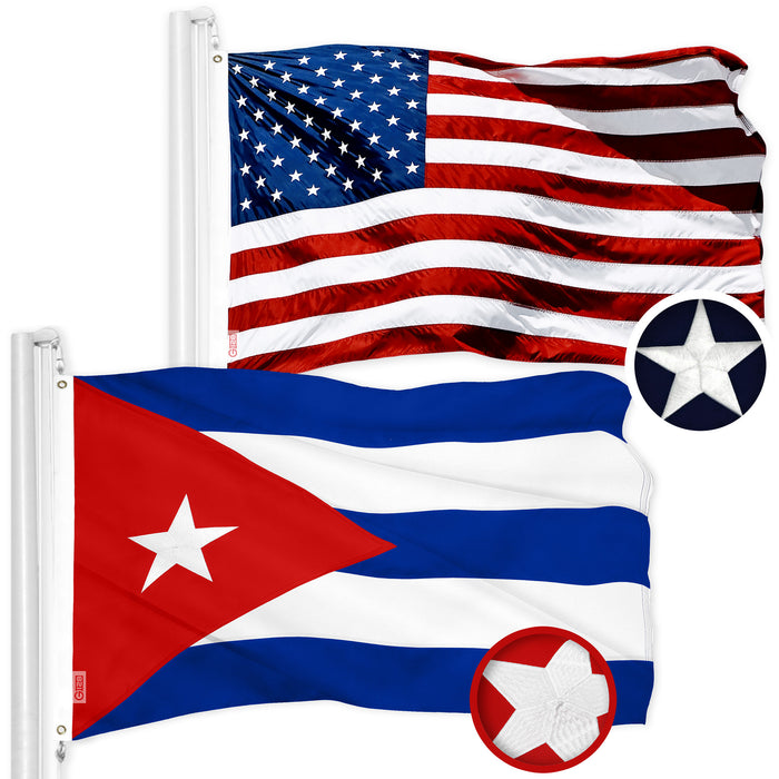 G128 Combo Pack: American USA Flag 3x5 Ft & Cuba Cuban Flag 3x5 Ft | Both ToughWeave Series Embroidered 300D Polyester, Embroidered Design, Indoor/Outdoor, Brass Grommets