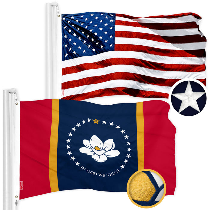 G128 Combo Pack: American USA Flag 3x5 Ft & Mississippi 2020 MS State Flag 3x5 Ft | Both ToughWeave Series Embroidered 300D Polyester, Embroidered Design, Indoor/Outdoor, Brass Grommets