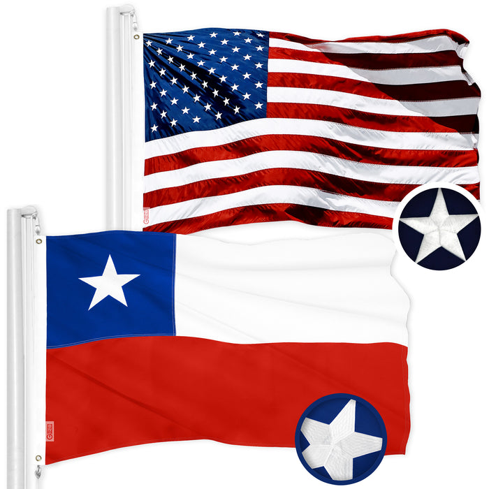 G128 Combo Pack: American USA Flag 3x5 Ft & Chile Chilean Flag 3x5 Ft | Both ToughWeave Series Embroidered 300D Polyester, Embroidered Design, Indoor/Outdoor, Brass Grommets