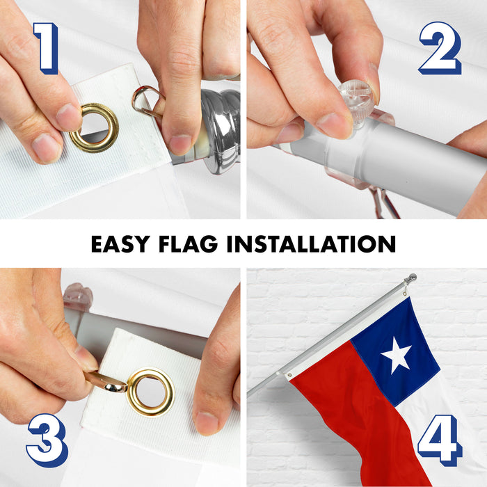 G128 Combo Pack: 6 Ft Tangle Free Aluminum Spinning Flagpole (Silver) & Chile Chilean Flag 3x5 Ft, ToughWeave Series Embroidered 300D Polyester | Pole with Flag Included