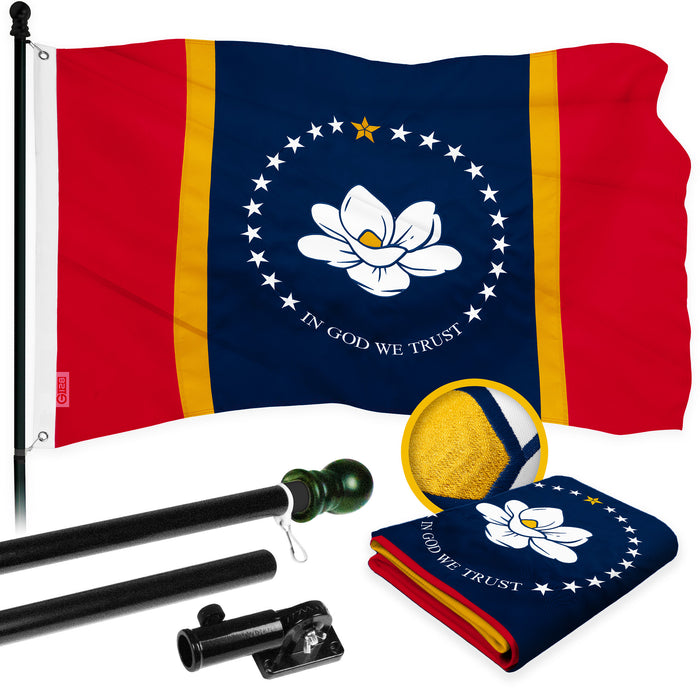 G128 Combo Pack: 6 Ft Tangle Free Aluminum Spinning Flagpole (Black) & Mississippi 2020 MS  3x5 Ft, ToughWeave Series Embroidered 300D Polyester | Pole with Flag Included