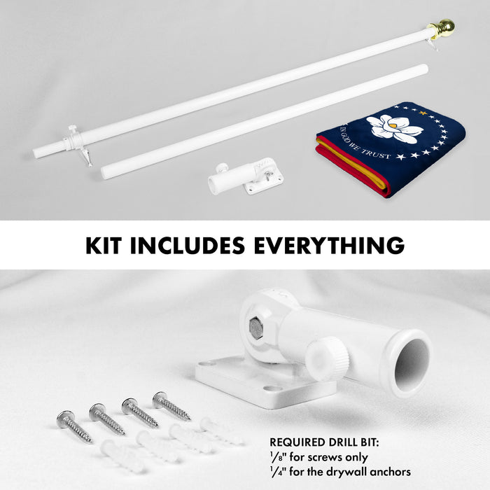 G128 Combo Pack: 6 Ft Tangle Free Aluminum Spinning Flagpole (White) & Mississippi 2020 MS  3x5 Ft, ToughWeave Series Embroidered 300D Polyester | Pole with Flag Included