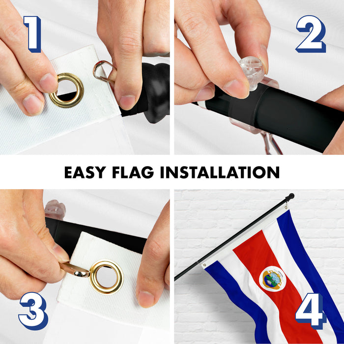 G128 Combo Pack: 6 Ft Tangle Free Aluminum Spinning Flagpole (Black) & Costa Rica Costa Rican Flag 3x5 Ft, ToughWeave Series Embroidered 300D Polyester | Pole with Flag Included