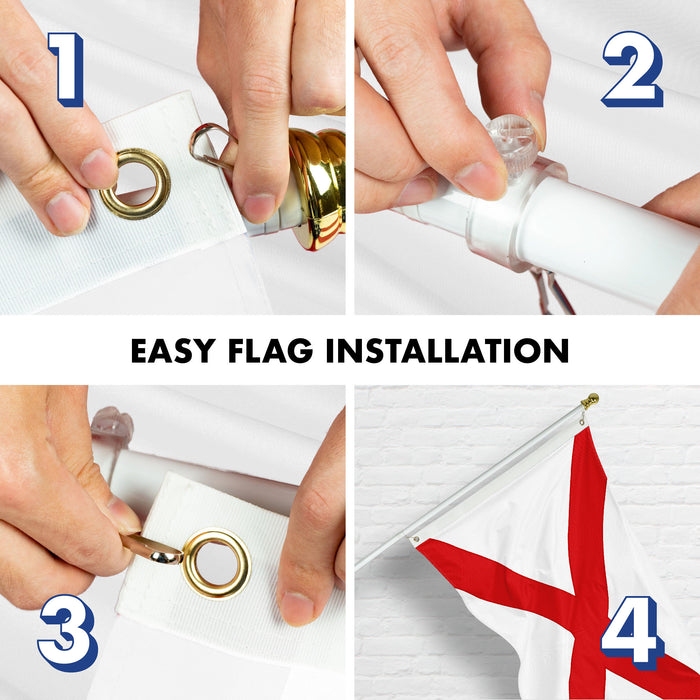 G128 Combo Pack: 6 Ft Tangle Free Aluminum Spinning Flagpole (White) & Alabama AL  3x5 Ft, ToughWeave Series Embroidered 300D Polyester | Pole with Flag Included