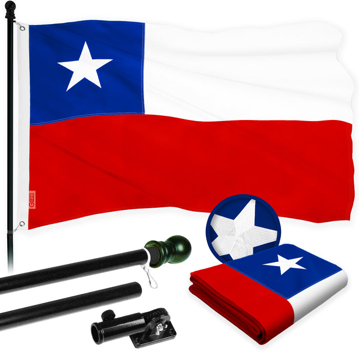 G128 Combo Pack: 6 Ft Tangle Free Aluminum Spinning Flagpole (Black) & Chile Chilean Flag 3x5 Ft, ToughWeave Series Embroidered 300D Polyester | Pole with Flag Included