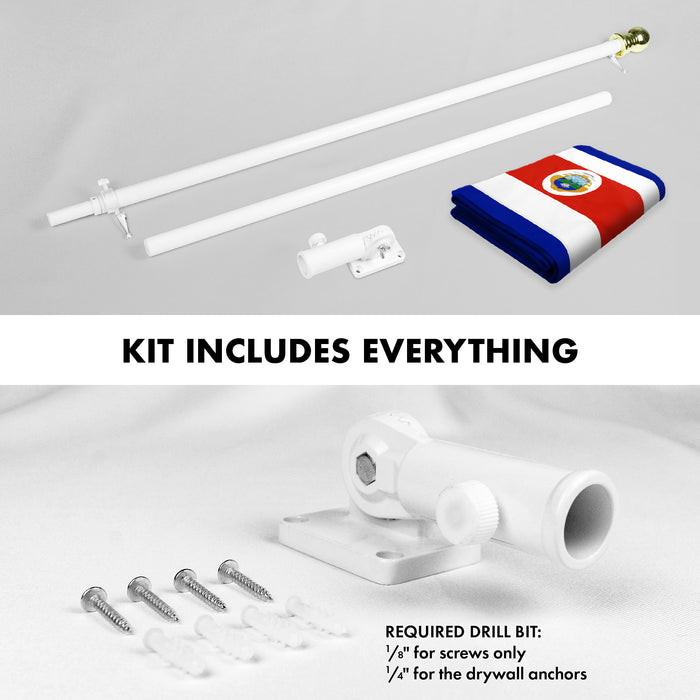 G128 Combo Pack: 6 Ft Tangle Free Aluminum Spinning Flagpole (White) & Costa Rica Costa Rican Flag 3x5 Ft, ToughWeave Series Embroidered 300D Polyester | Pole with Flag Included