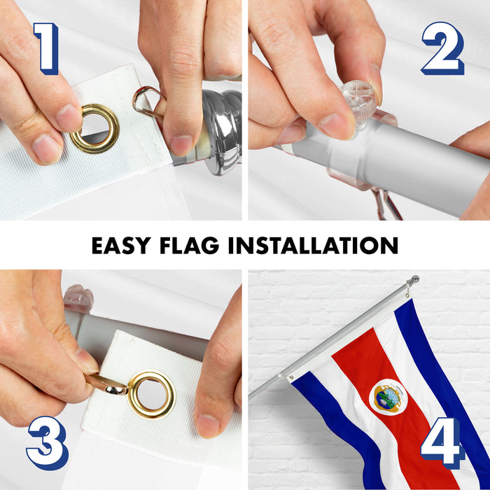 G128 Combo Pack: 6 Ft Tangle Free Aluminum Spinning Flagpole (Silver) & Costa Rica Costa Rican Flag 3x5 Ft, ToughWeave Series Embroidered 300D Polyester | Pole with Flag Included