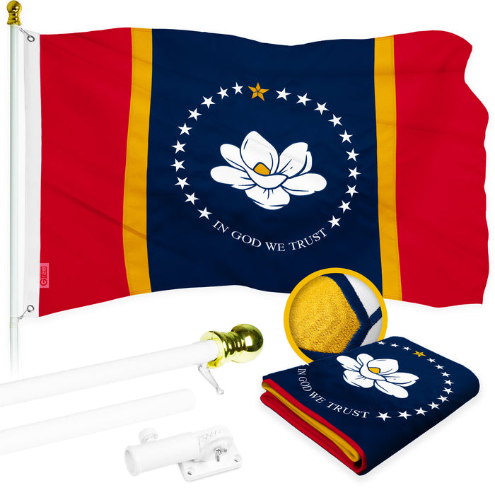 G128 Combo Pack: 6 Ft Tangle Free Aluminum Spinning Flagpole (White) & Mississippi 2020 MS  3x5 Ft, ToughWeave Series Embroidered 300D Polyester | Pole with Flag Included