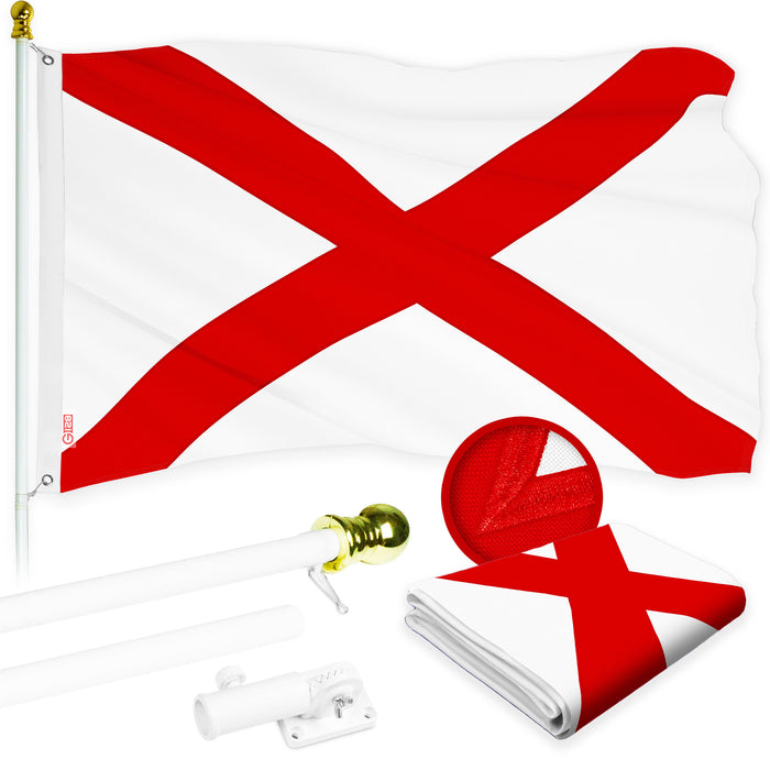 G128 Combo Pack: 6 Ft Tangle Free Aluminum Spinning Flagpole (White) & Alabama AL  3x5 Ft, ToughWeave Series Embroidered 300D Polyester | Pole with Flag Included