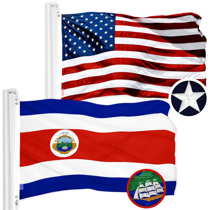 G128 Combo Pack: American USA Flag 3x5 Ft & Costa Rica Costa Rican Flag 3x5 Ft | Both ToughWeave Series Embroidered 300D Polyester, Embroidered Design, Indoor/Outdoor, Brass Grommets