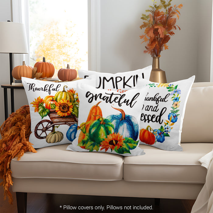 G128 Fall Decoration Pumpkin Thankful Waterproof Throw Pillow Covers | 18 x 18 In | Set of 4, Beautiful Cushion Covers for Autumn Thanksgiving Sofa Couch Decoration