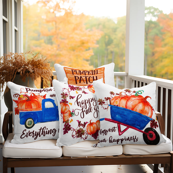 G128 Fall Decoration Pumpkin Wagon Tractor Waterproof Throw Pillow | 18 x 18 in | Set of 4, Beautiful Cushion Covers for Autumn Sofa Couch Decoration, Pillow Insert Included