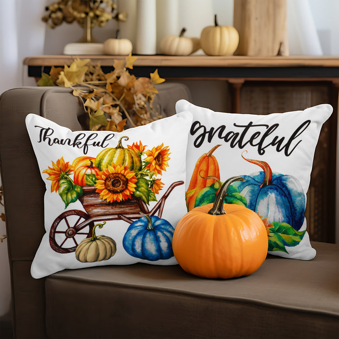 G128 Fall Decoration Pumpkin Thankful Waterproof Throw Pillow | 18 x 18 in | Set of 4, Beautiful Cushion Covers for Autumn Thanksgiving Sofa Couch Decoration, Pillow Insert Included