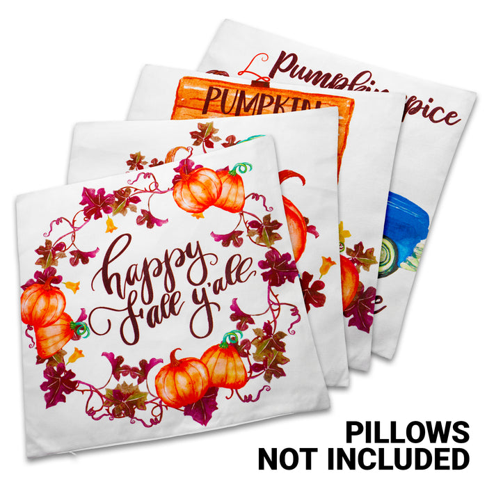 G128 Fall Decoration Pumpkin Wagon Tractor Waterproof Throw Pillow Covers | 18 x 18 In | Set of 4, Beautiful Cushion Covers for Autumn Sofa Couch Decoration