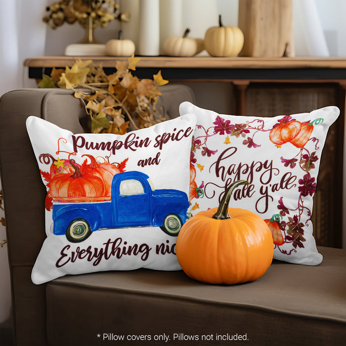 G128 Fall Decoration Pumpkin Wagon Tractor Waterproof Throw Pillow Covers | 18 x 18 In | Set of 4, Beautiful Cushion Covers for Autumn Sofa Couch Decoration
