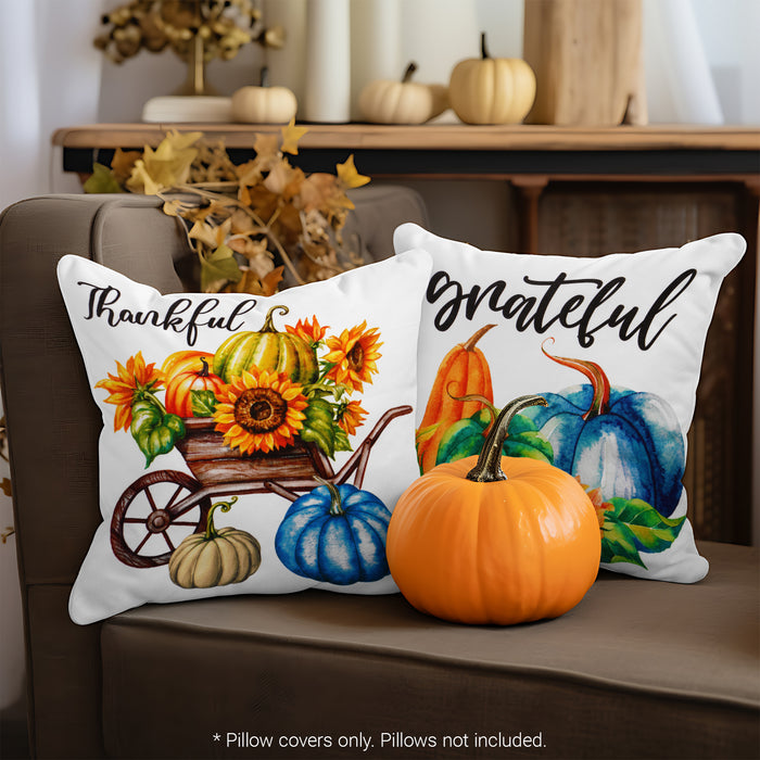 G128 Fall Decoration Pumpkin Thankful Waterproof Throw Pillow Covers | 18 x 18 In | Set of 4, Beautiful Cushion Covers for Autumn Thanksgiving Sofa Couch Decoration