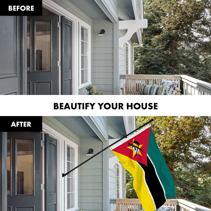 G128 Combo Pack: 6 Ft Tangle Free Aluminum Spinning Flagpole (Black) & Mozambique Mozambican Flag  3x5 Ft LiteWeave Pro Series Printed 150D Polyester | Pole with Flag Included