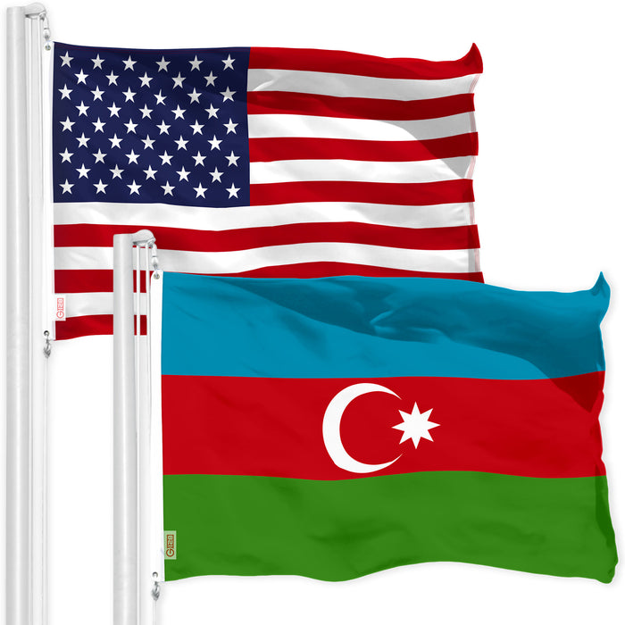 G128 Combo Pack: American USA Flag 3x5 Ft & Azerbaijan Azerbaijanis Azeris Flag | Both LiteWeave Pro Series Printed 150D Polyester, Brass Grommets