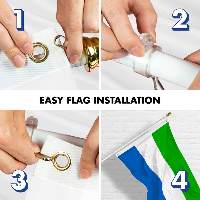 G128 Combo Pack: 6 Ft Tangle Free Aluminum Spinning Flagpole (White) & Sierra Leone Sierra Leonean Flag  3x5 Ft LiteWeave Pro Series Printed 150D Polyester | Pole with Flag Included