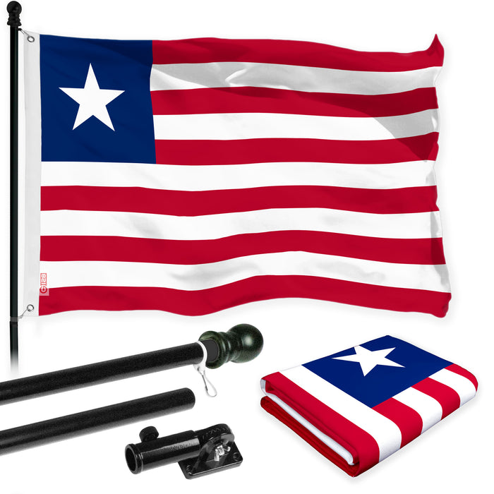 G128 Combo Pack: 6 Ft Tangle Free Aluminum Spinning Flagpole (Black) & Liberia Liberian Flag  3x5 Ft LiteWeave Pro Series Printed 150D Polyester | Pole with Flag Included