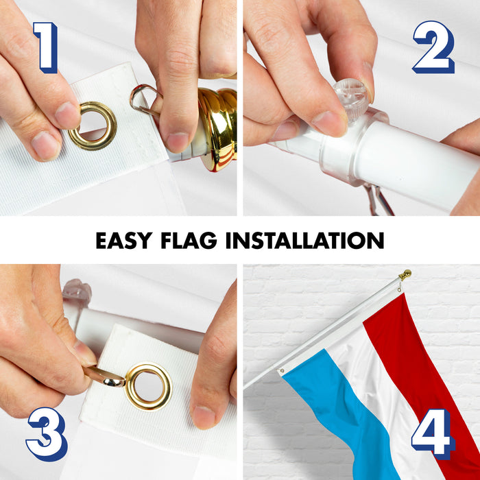 G128 Combo Pack: 6 Ft Tangle Free Aluminum Spinning Flagpole (White) & Luxembourg Luxembourgers Flag  3x5 Ft LiteWeave Pro Series Printed 150D Polyester | Pole with Flag Included