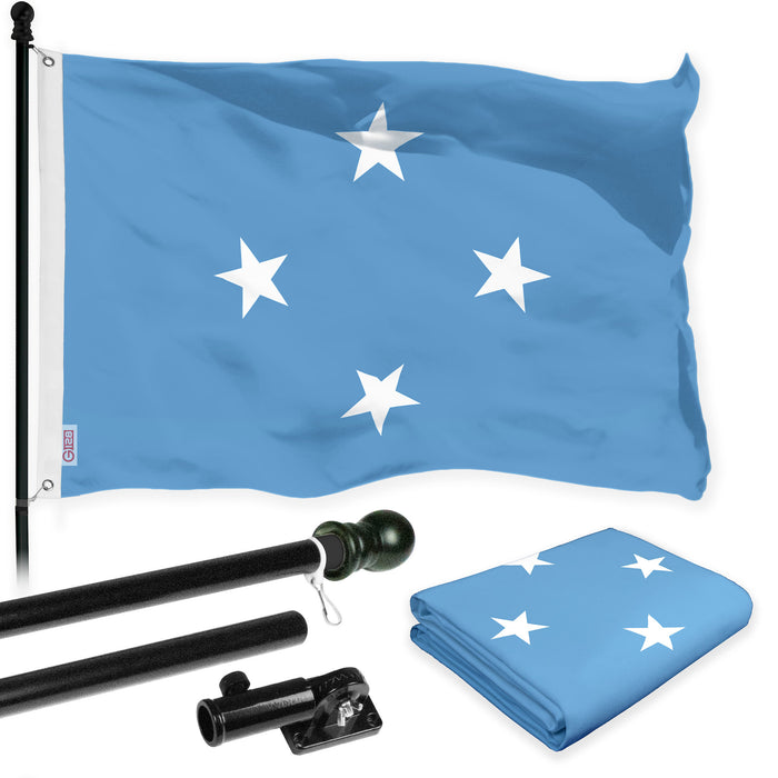 G128 Combo Pack: 6 Ft Tangle Free Aluminum Spinning Flagpole (Black) & Micronesia Micronesian Flag  3x5 Ft LiteWeave Pro Series Printed 150D Polyester | Pole with Flag Included