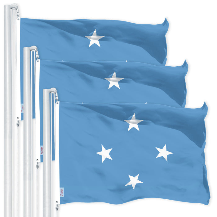 G128 3 Pack: Micronesia Micronesian Flag | 3x5 Ft | LiteWeave Pro Printed 150D Polyester | Country Flag, Indoor/Outdoor, Vibrant Colors, Brass Grommets, Thicker and More Durable Than 100D 75D Poly