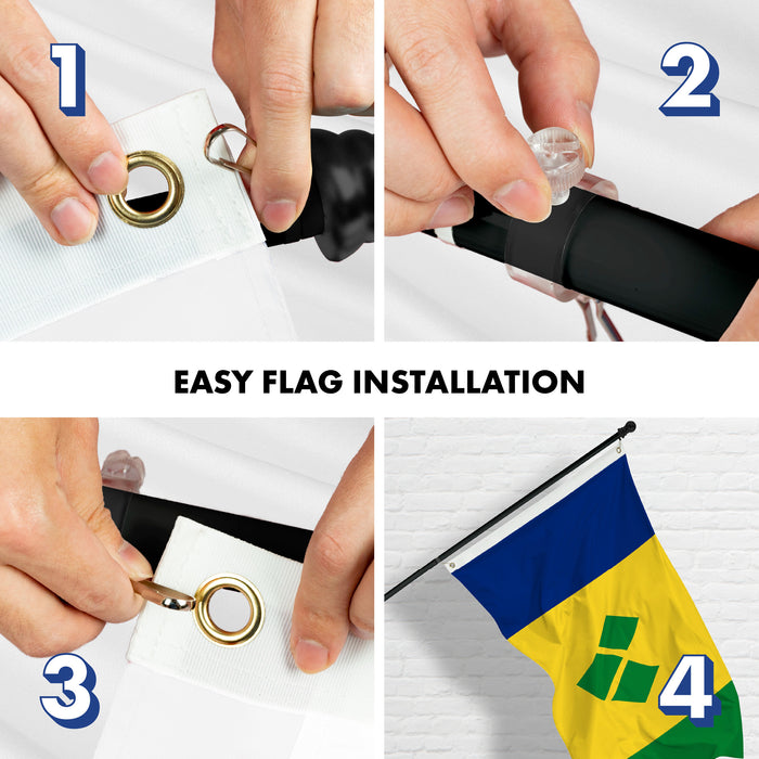G128 Combo Pack: 6 Ft Tangle Free Aluminum Spinning Flagpole (Black) & Saint Vincent and the Grenadines Vincentian Flag  3x5 Ft LiteWeave Pro Series Printed 150D Polyester | Pole with Flag Included