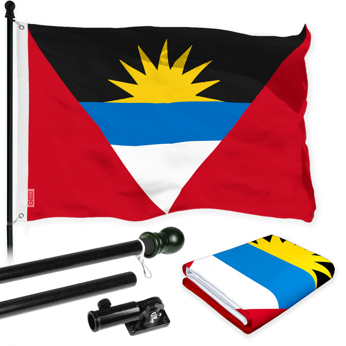 G128 Combo Pack: 6 Ft Tangle Free Aluminum Spinning Flagpole (Black) & Antigua and Barbuda Antiguan and Barbudan Flag  3x5 Ft LiteWeave Pro Series Printed 150D Polyester | Pole with Flag Included